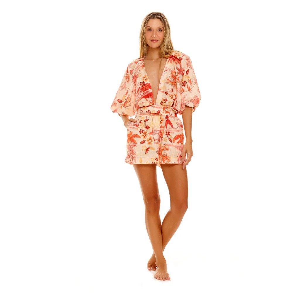 Agua Bendita Peach and Coral Floral Short Jumpsuit